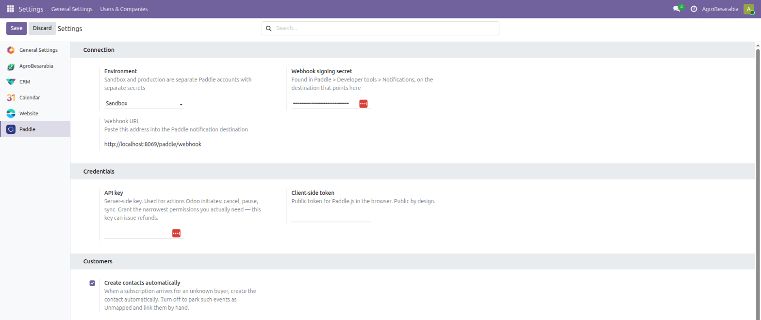 Paddle connector settings in Odoo 19